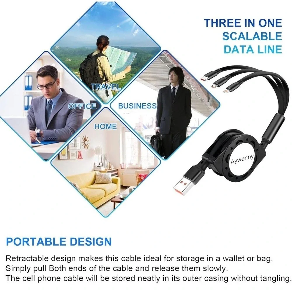 Aywenny 3-Pack 3-in-1 Retractable USB Multi Charging Cable with Type-C, Micro US